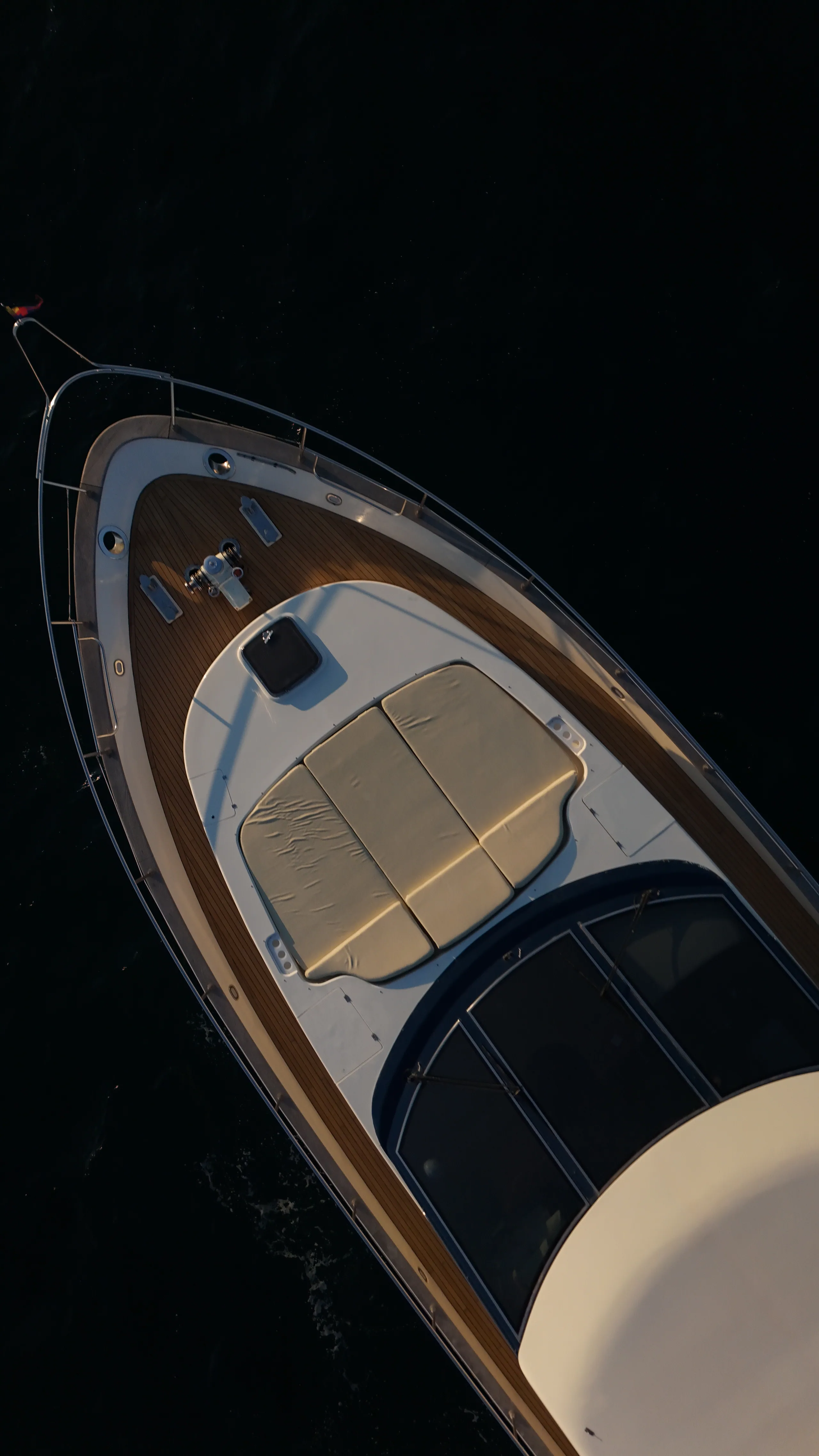 Bow aerial of the Astondoa 72 Lady Elbaum on deep Mediterranean water