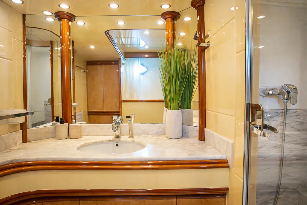Master bathroom of Lady Elbaum with marble and shower