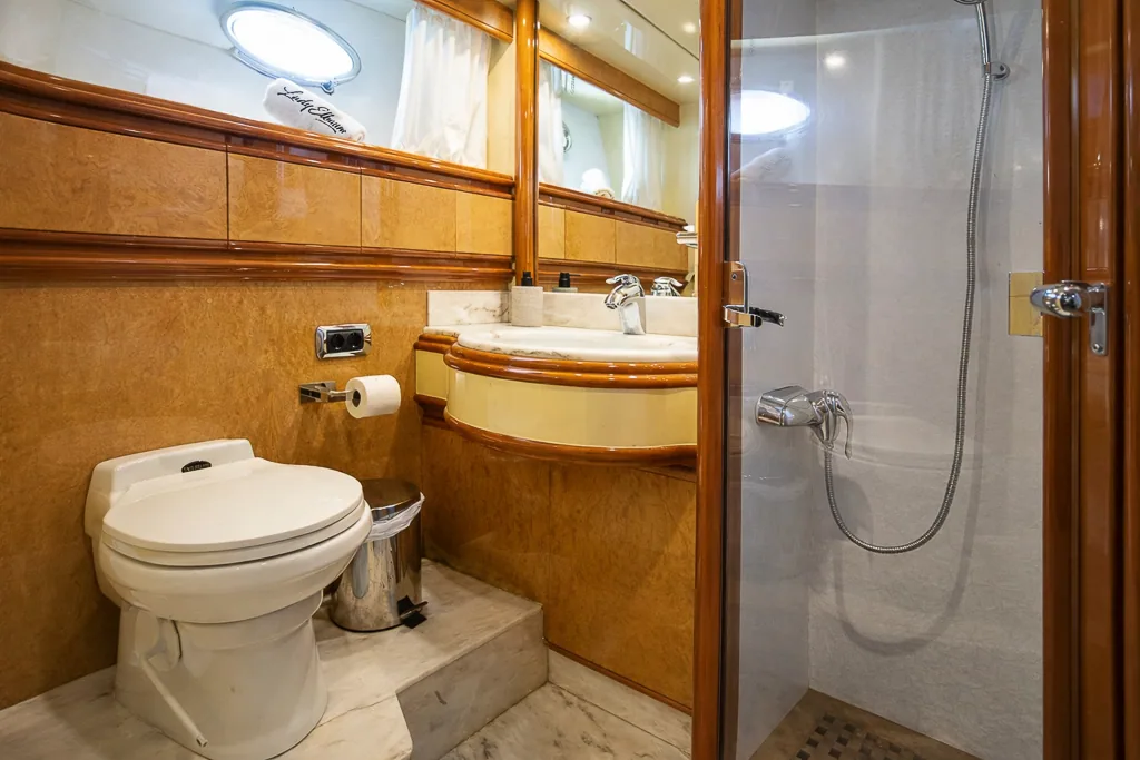 Guest bathroom of Lady Elbaum with branded towel and shower
