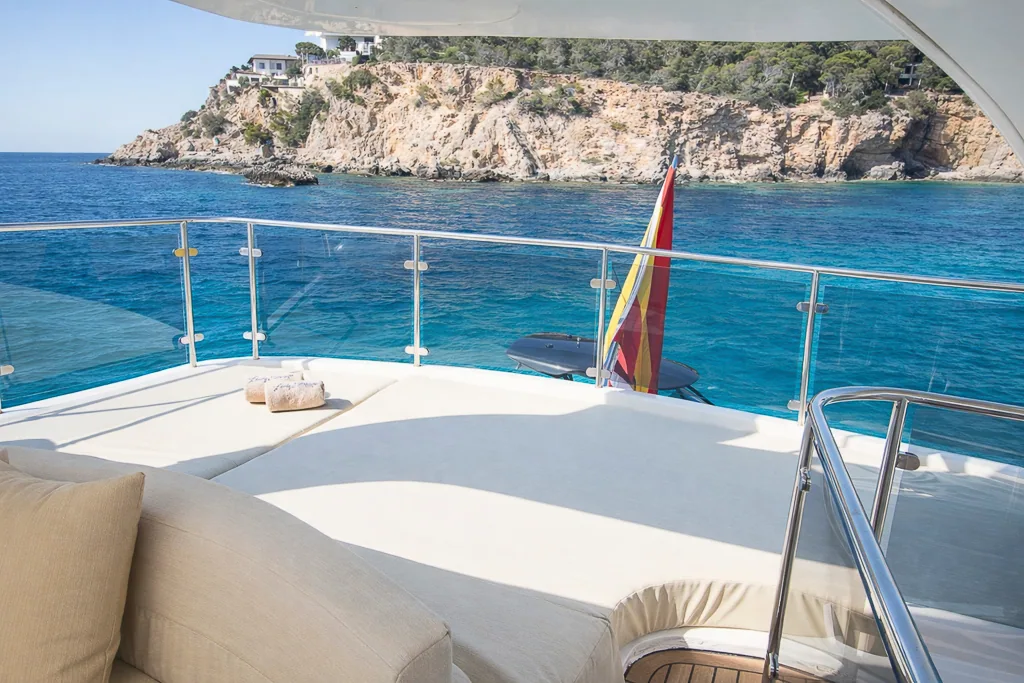 Forward sundeck of Lady Elbaum overlooking a Mallorca cove