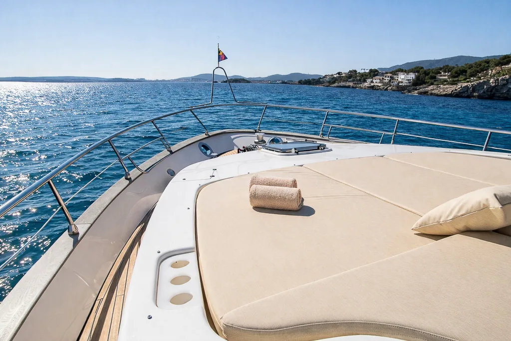 Forward sundeck of Lady Elbaum with Spanish flag, Astondoa 72 charter
