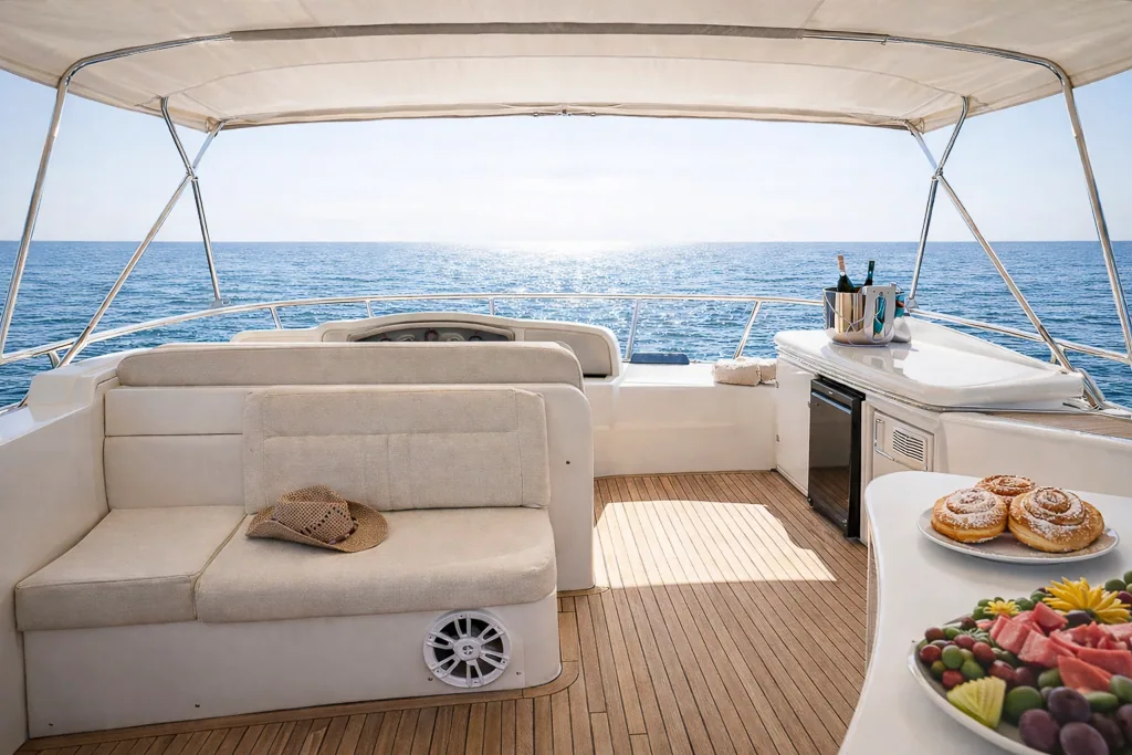 Flybridge of Lady Elbaum with champagne and pastries at sea