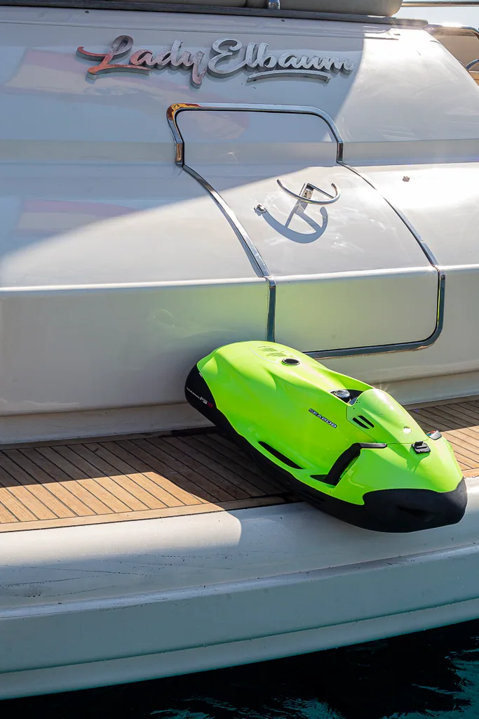 Stern of Lady Elbaum with the Seabob underwater scooter